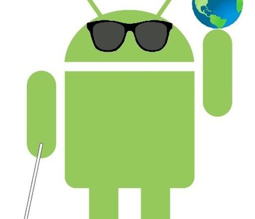Android'in yeşil robot maskotu yer alıyor. Robotun gözlerinde siyah güneş gözlüğü var ve sağ elinde bir dünya küresi tutuyor. Sol elinde ise beyaz bir baston bulunuyor.